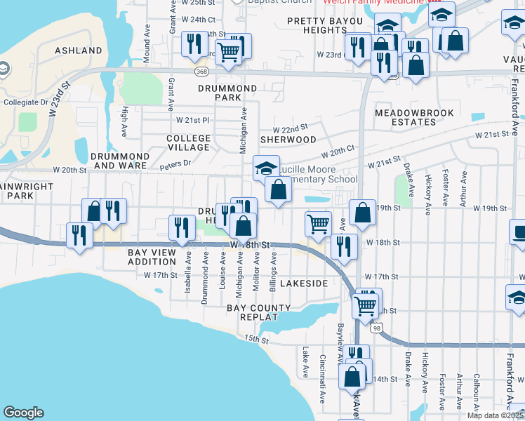 map of restaurants, bars, coffee shops, grocery stores, and more near 3515 West 19th Street in Panama City