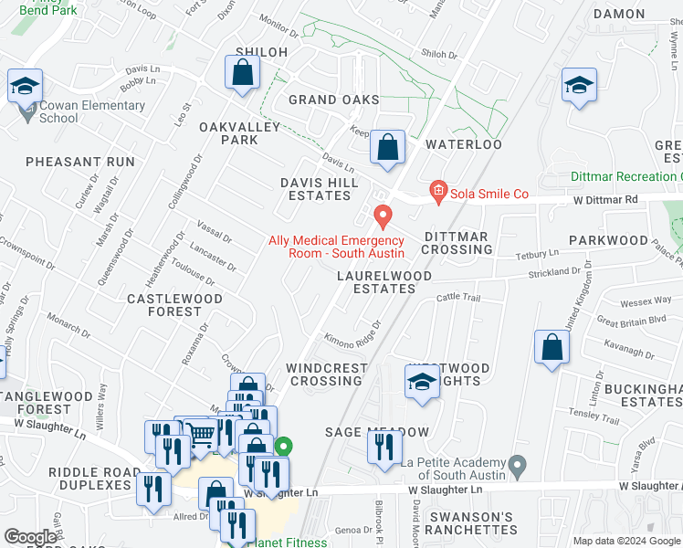 map of restaurants, bars, coffee shops, grocery stores, and more near 8922 Manchaca Road in Austin