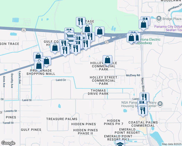 map of restaurants, bars, coffee shops, grocery stores, and more near 2195 Wilkinson Street in Panama City Beach