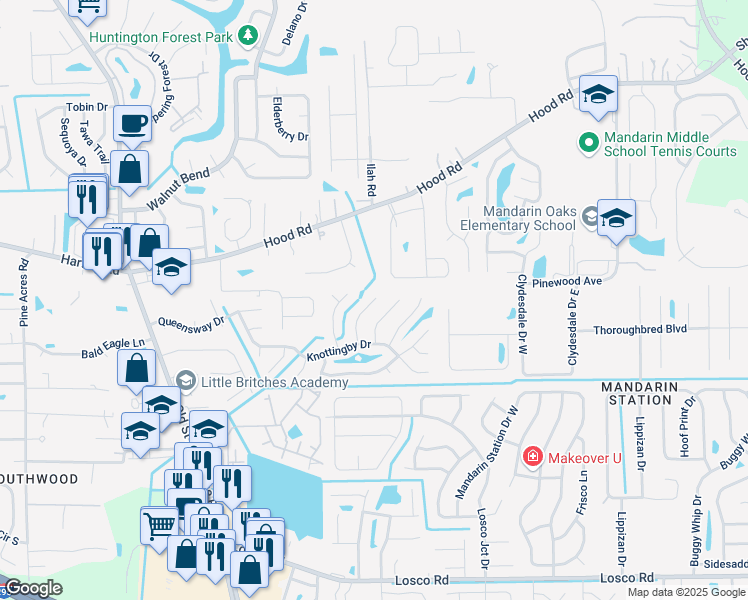 map of restaurants, bars, coffee shops, grocery stores, and more near 11390 Squires Court in Jacksonville