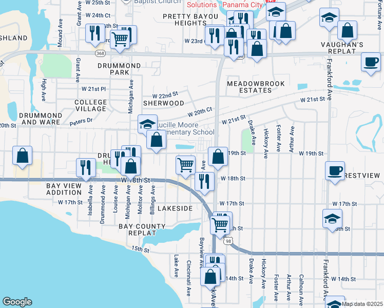 map of restaurants, bars, coffee shops, grocery stores, and more near 1842 Cincinnati Avenue in Panama City