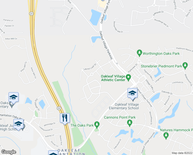map of restaurants, bars, coffee shops, grocery stores, and more near 4074 Pebble Brooke Circle South in Orange Park