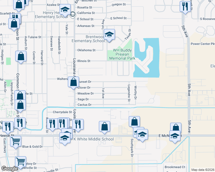 map of restaurants, bars, coffee shops, grocery stores, and more near 1400 Sunset Drive in Lake Charles
