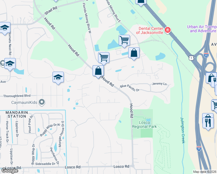 map of restaurants, bars, coffee shops, grocery stores, and more near 10701 Hood Road in Jacksonville