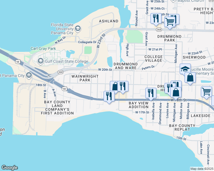 map of restaurants, bars, coffee shops, grocery stores, and more near 1900-1902 Moates Avenue in Panama City
