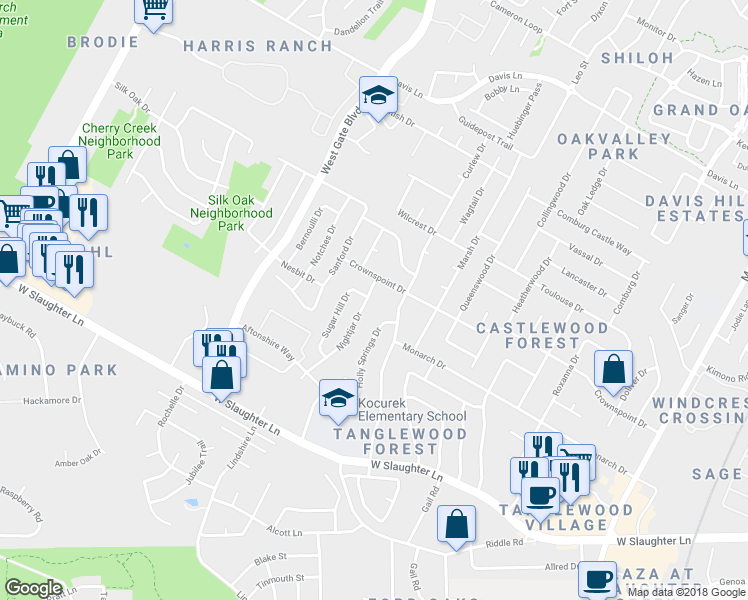 map of restaurants, bars, coffee shops, grocery stores, and more near 9604 Sugar Hill Drive in Austin