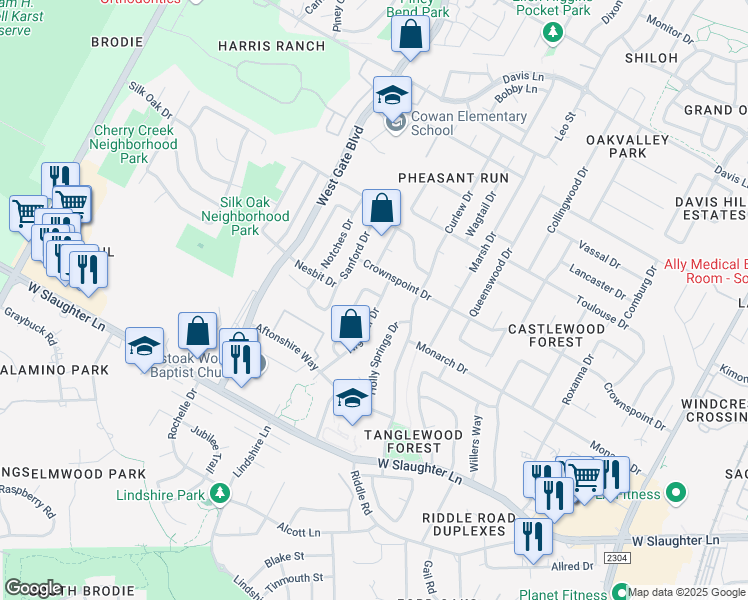 map of restaurants, bars, coffee shops, grocery stores, and more near 9604 Sugar Hill Drive in Austin