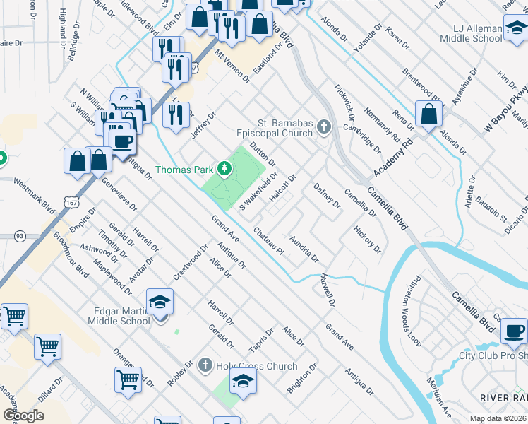 map of restaurants, bars, coffee shops, grocery stores, and more near 400 Halcott Drive in Lafayette