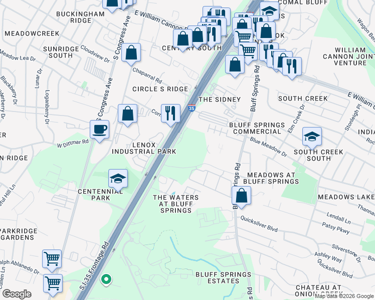 map of restaurants, bars, coffee shops, grocery stores, and more near 7591 North Interstate 35 Frontage Road in Austin