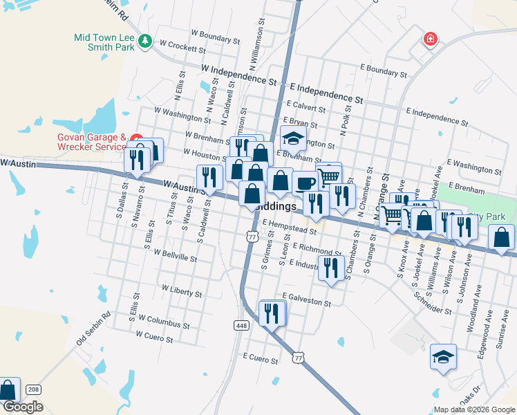 map of restaurants, bars, coffee shops, grocery stores, and more near 103 South Main Street in Giddings