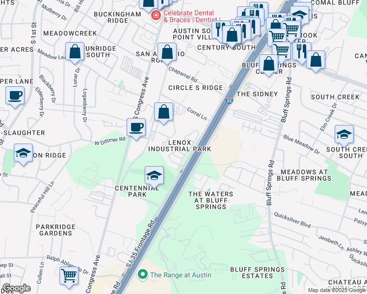 map of restaurants, bars, coffee shops, grocery stores, and more near 7340 South Interstate 35 Frontage Road in Austin