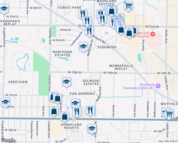 map of restaurants, bars, coffee shops, grocery stores, and more near 59 Northside Drive in Panama City