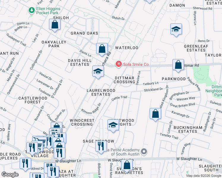map of restaurants, bars, coffee shops, grocery stores, and more near 8809 Kimono Ridge Drive in Austin