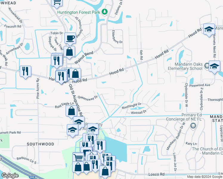 map of restaurants, bars, coffee shops, grocery stores, and more near 10697 Coleman Road in Jacksonville