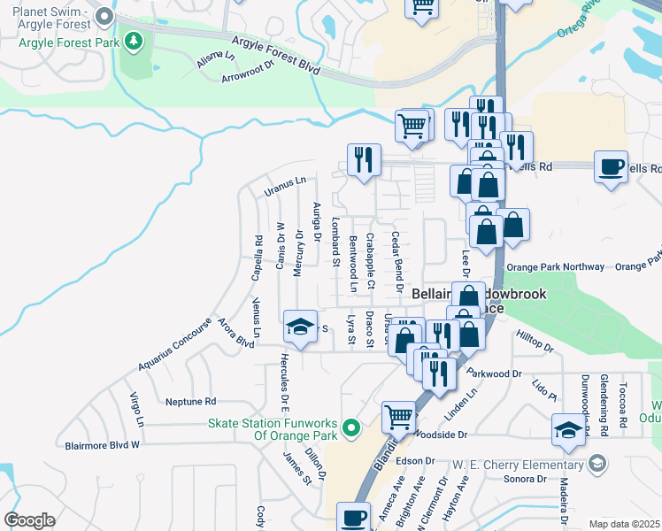map of restaurants, bars, coffee shops, grocery stores, and more near 467 Lombard Street in Orange Park