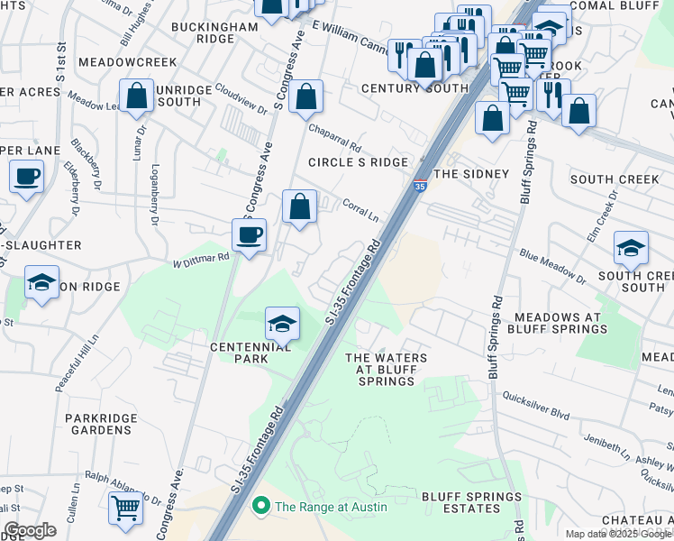 map of restaurants, bars, coffee shops, grocery stores, and more near 7340 South Interstate 35 Frontage Road in Austin
