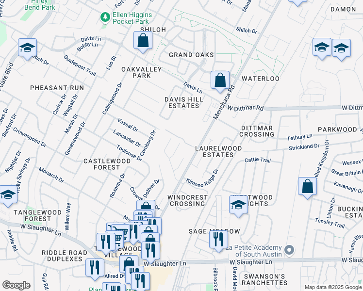 map of restaurants, bars, coffee shops, grocery stores, and more near 8922 Menchaca Road in Austin
