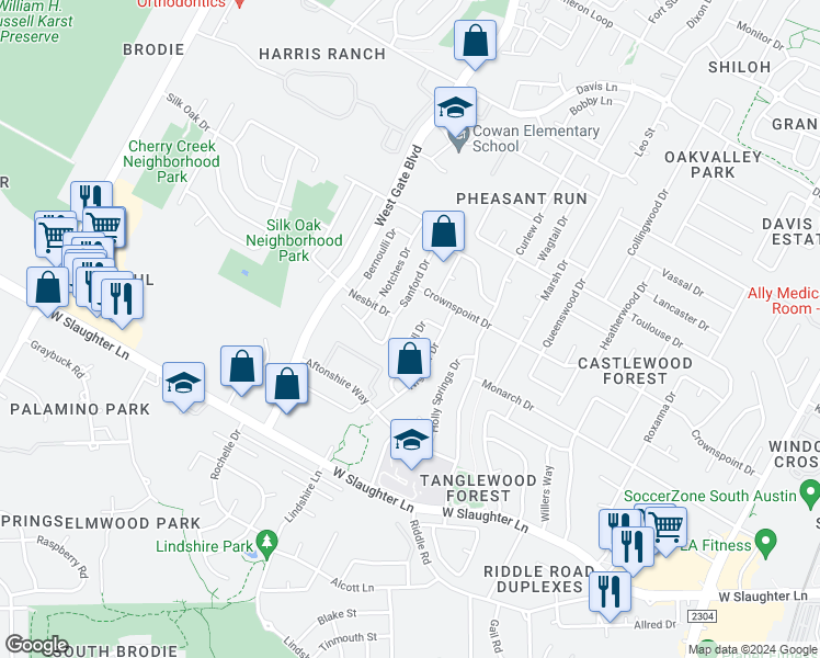 map of restaurants, bars, coffee shops, grocery stores, and more near 9505 Sanford Drive in Austin