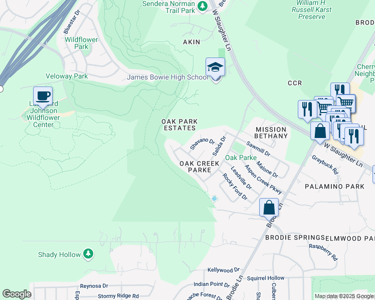 map of restaurants, bars, coffee shops, grocery stores, and more near 4030 Shavano Drive in Austin