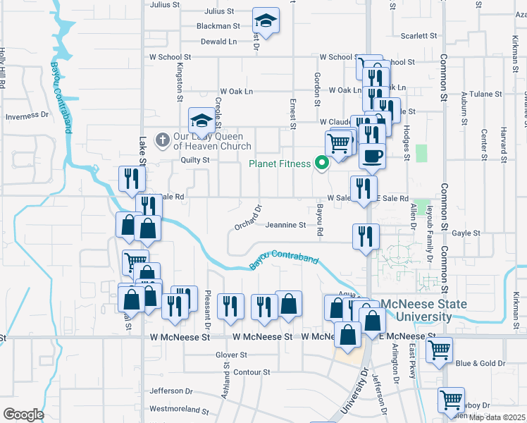 map of restaurants, bars, coffee shops, grocery stores, and more near 624 Orchard Drive in Lake Charles