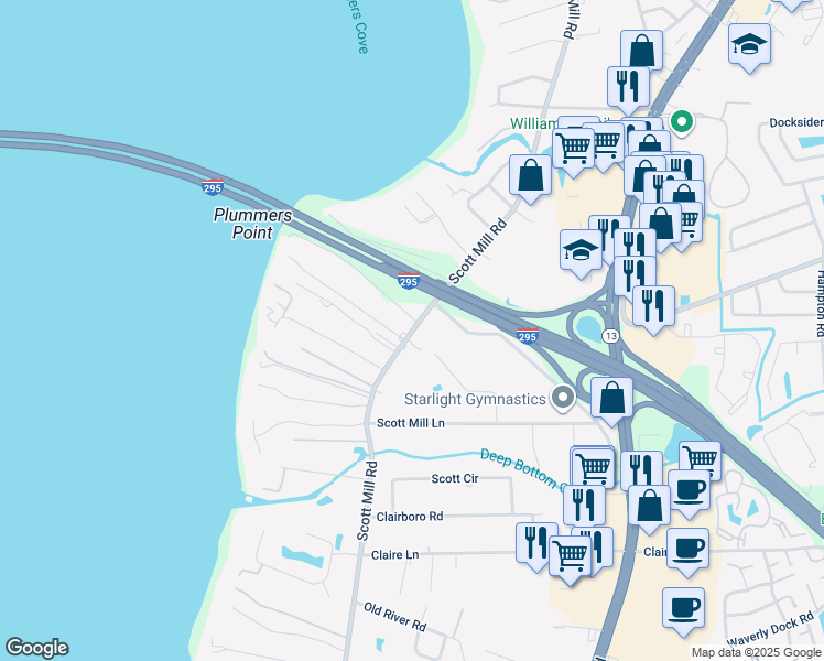 map of restaurants, bars, coffee shops, grocery stores, and more near Scott Mill Road in Jacksonville
