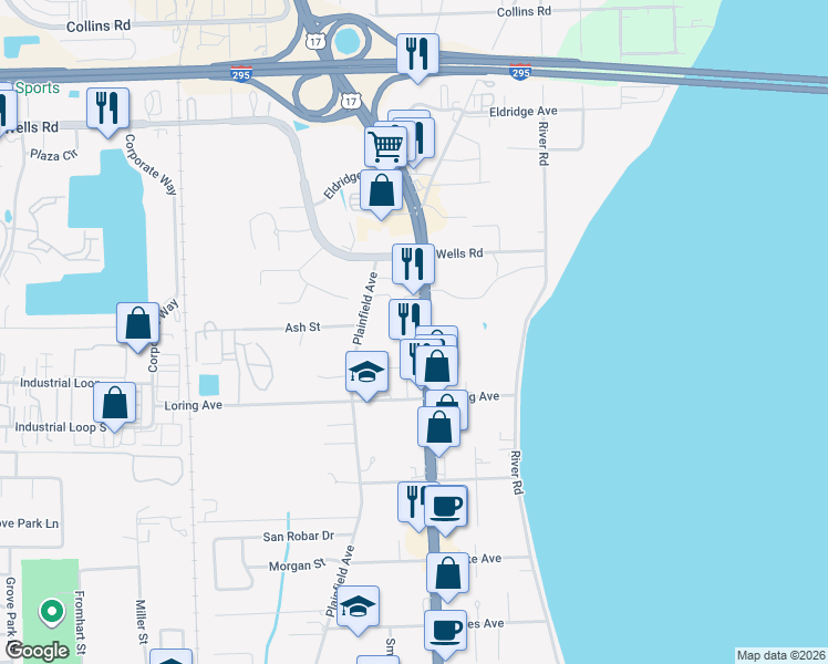 map of restaurants, bars, coffee shops, grocery stores, and more near 614 Park Avenue in Orange Park