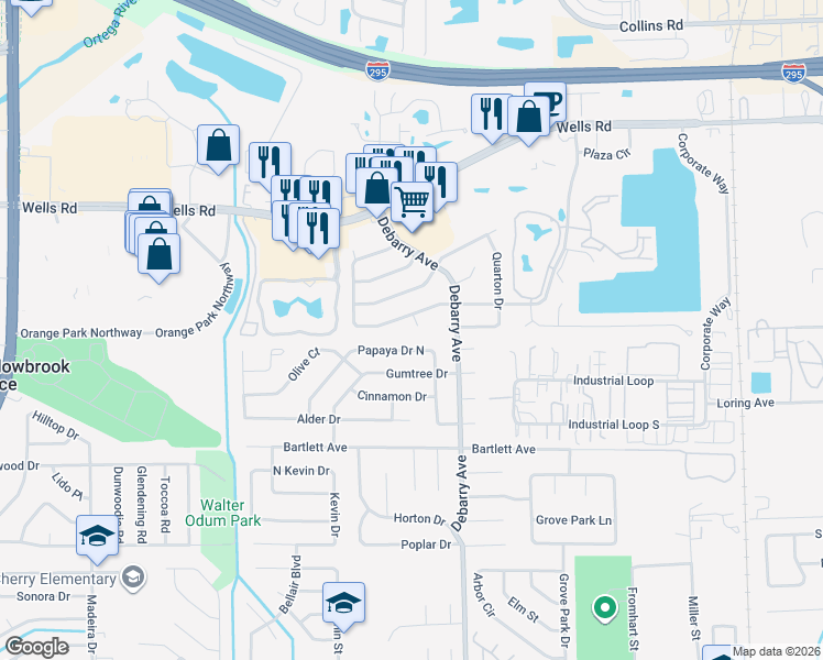 map of restaurants, bars, coffee shops, grocery stores, and more near 156 Gail Court in Orange Park