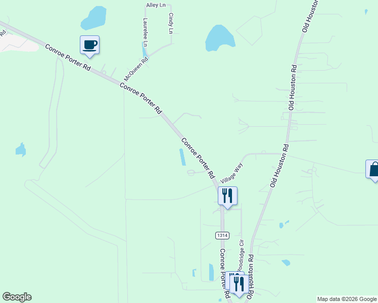 map of restaurants, bars, coffee shops, grocery stores, and more near 18545 Conroe Porter Road in Conroe
