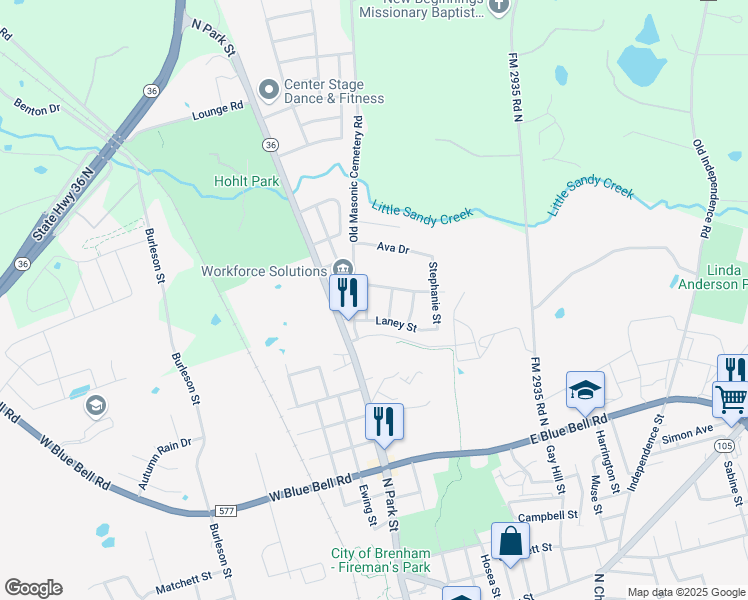 map of restaurants, bars, coffee shops, grocery stores, and more near 1711 Dempsey Street in Brenham
