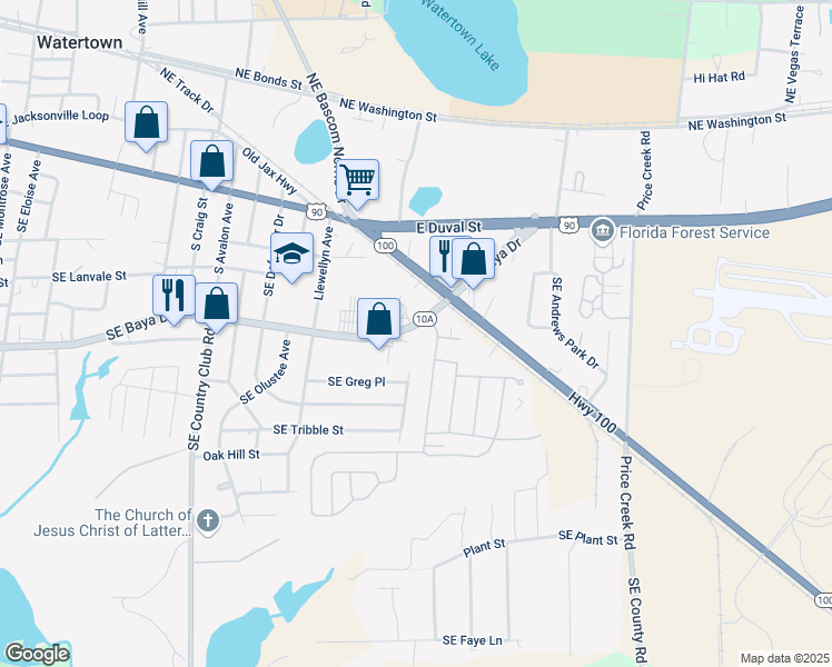 map of restaurants, bars, coffee shops, grocery stores, and more near 2230 Southeast Baya Drive in Lake City