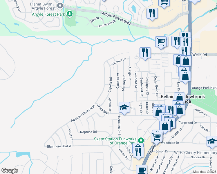 map of restaurants, bars, coffee shops, grocery stores, and more near 265 Capella Road in Orange Park