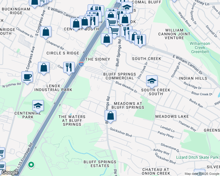 map of restaurants, bars, coffee shops, grocery stores, and more near 7100 Old Lockhart Highway in Austin