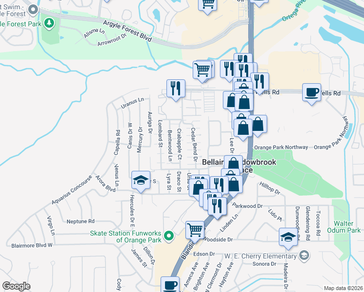 map of restaurants, bars, coffee shops, grocery stores, and more near 467 Crabapple Court in Orange Park