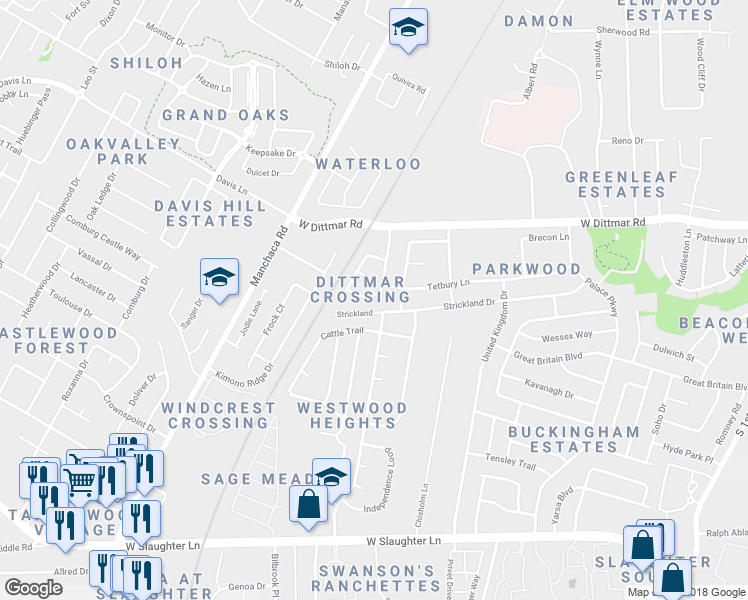map of restaurants, bars, coffee shops, grocery stores, and more near 8711 Davis Oaks Trail in Austin