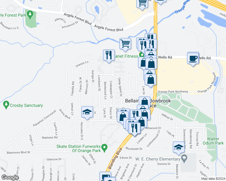 map of restaurants, bars, coffee shops, grocery stores, and more near 465 Crabapple Court in Orange Park