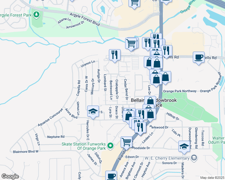 map of restaurants, bars, coffee shops, grocery stores, and more near 467 Lombard Street in Orange Park