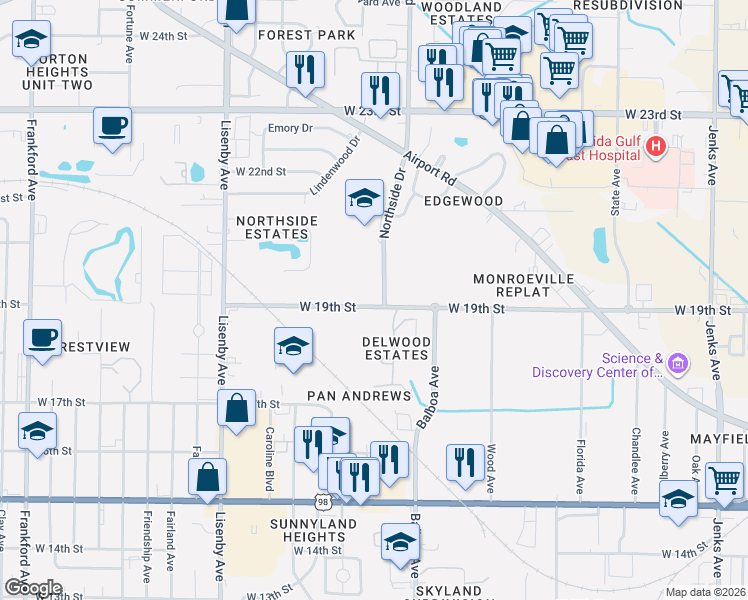 map of restaurants, bars, coffee shops, grocery stores, and more near 59 Northside Drive in Panama City