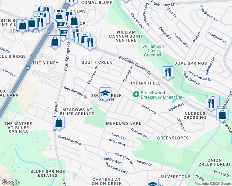 map of restaurants, bars, coffee shops, grocery stores, and more near 6719 Stonleigh Place in Austin