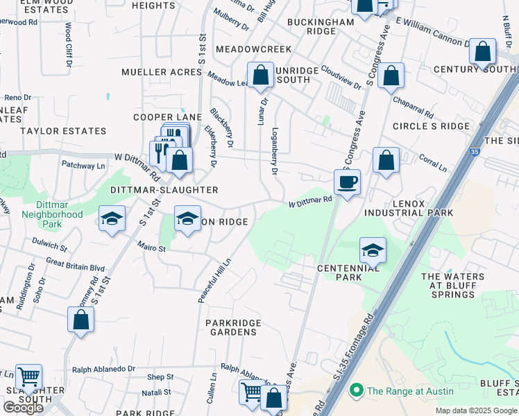 map of restaurants, bars, coffee shops, grocery stores, and more near 7705 Peaceful Hill Lane in Austin