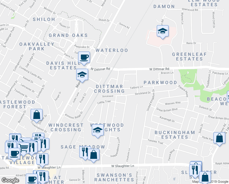 map of restaurants, bars, coffee shops, grocery stores, and more near 8702 Devine Lane in Austin