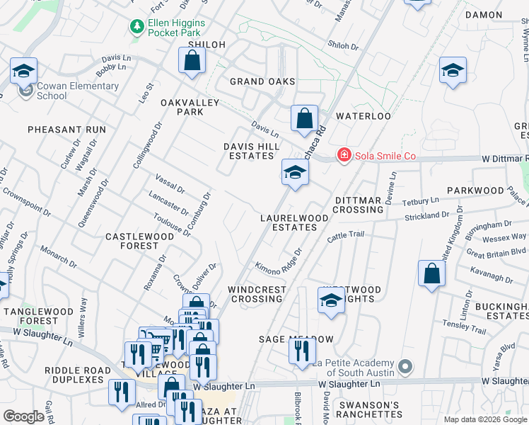 map of restaurants, bars, coffee shops, grocery stores, and more near 8922 Menchaca Road in Austin