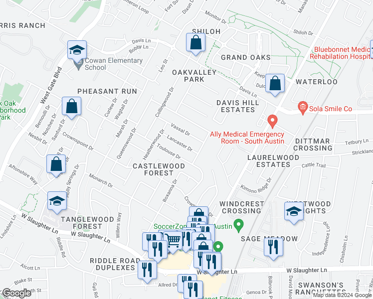 map of restaurants, bars, coffee shops, grocery stores, and more near 2304-2306 Lancaster Drive in Austin