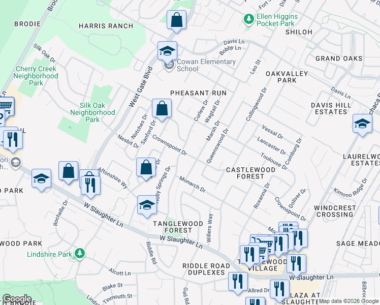 map of restaurants, bars, coffee shops, grocery stores, and more near 2605 Gadwall Cove in Austin