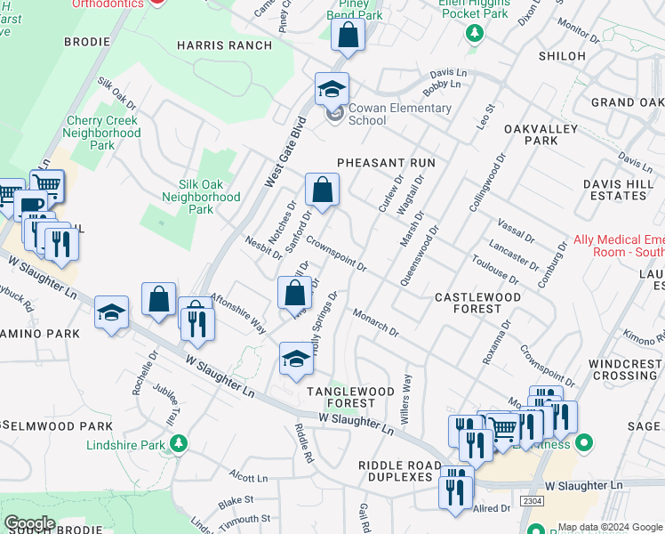map of restaurants, bars, coffee shops, grocery stores, and more near 2715 Crownspoint Drive in Austin