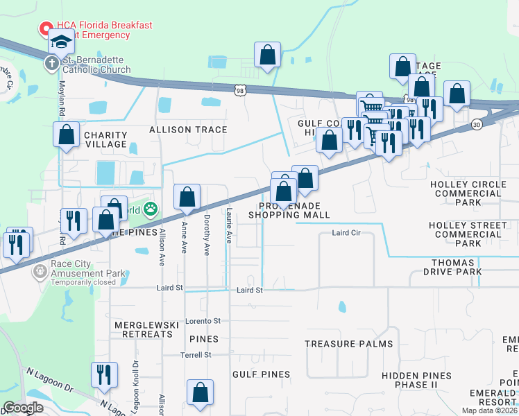 map of restaurants, bars, coffee shops, grocery stores, and more near 2101 Avensong Lane in Panama City