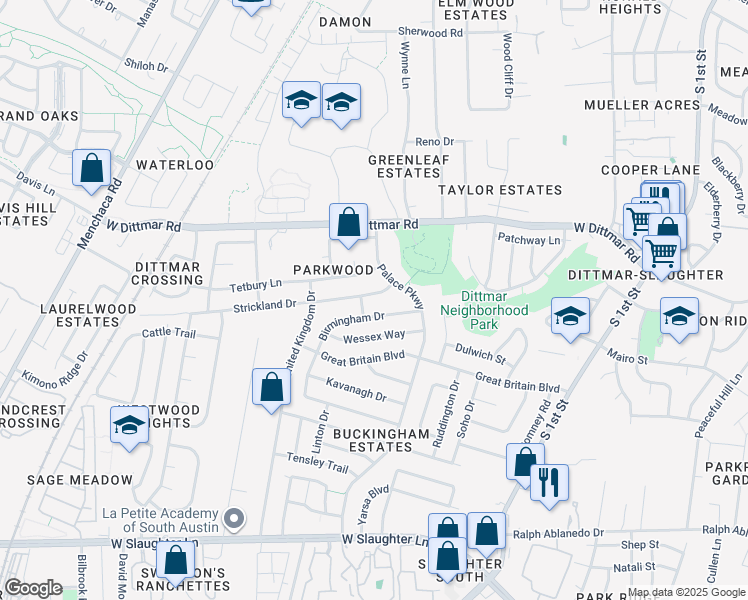 map of restaurants, bars, coffee shops, grocery stores, and more near 1015 Strickland Drive in Austin