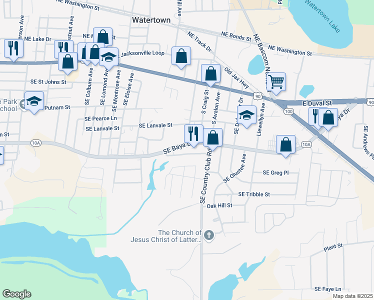 map of restaurants, bars, coffee shops, grocery stores, and more near 5647 Baxter Street in Lake City