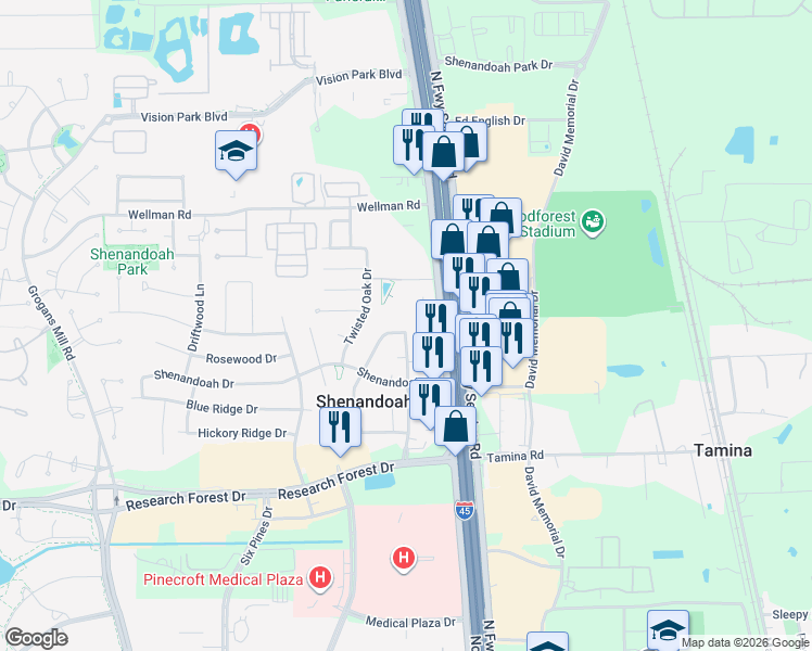 map of restaurants, bars, coffee shops, grocery stores, and more near 28943 Enchanted Drive in Shenandoah