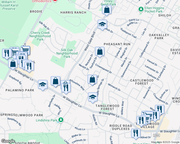 map of restaurants, bars, coffee shops, grocery stores, and more near 9505 Sanford Drive in Austin