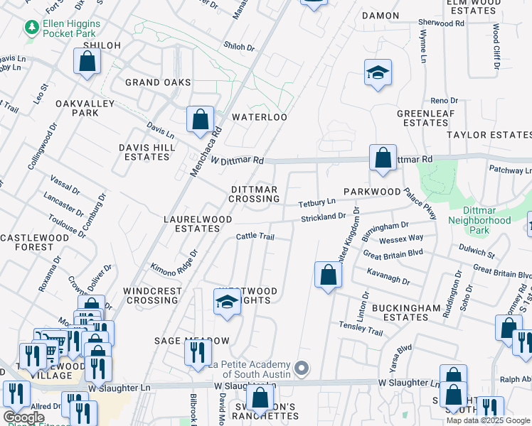 map of restaurants, bars, coffee shops, grocery stores, and more near 8702 Devine Lane in Austin